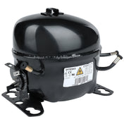 A black, cylindrical Empura Compressor sits on a metal mounting base. It has a label with model and technical information, two copper pipe connections on one side, and electrical terminals on the other. The glossy surface highlights its Empura Refrigeration compatibility.