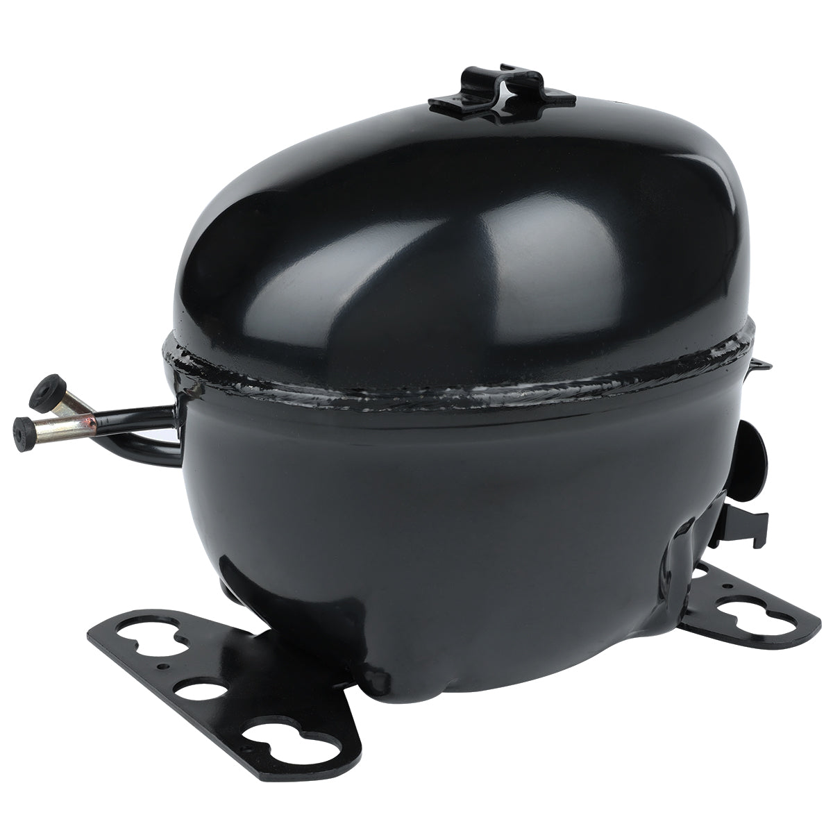 A shiny black Empura Compressor with a rounded, oval shape sits on a flat metal base with multiple mounting holes. Two short pipes protrude from one side, and a black electrical connection extends from the back, compressor compatible with Empura Refrigeration.