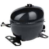 A shiny black Empura Compressor with a rounded, oval shape sits on a flat metal base with multiple mounting holes. Two short pipes protrude from one side, and a black electrical connection extends from the back, compressor compatible with Empura Refrigeration.