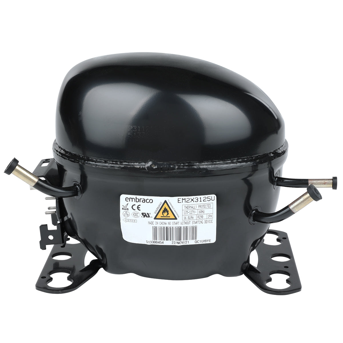 A black Embraco refrigerator compressor with a white label, metal mounting brackets, three copper pipes, and a domed top—ideal as an Empura replacement compressor for those seeking reliable Empura refrigeration parts.