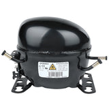 A black Embraco refrigerator compressor with a white label, metal mounting brackets, three copper pipes, and a domed top—ideal as an Empura replacement compressor for those seeking reliable Empura refrigeration parts.