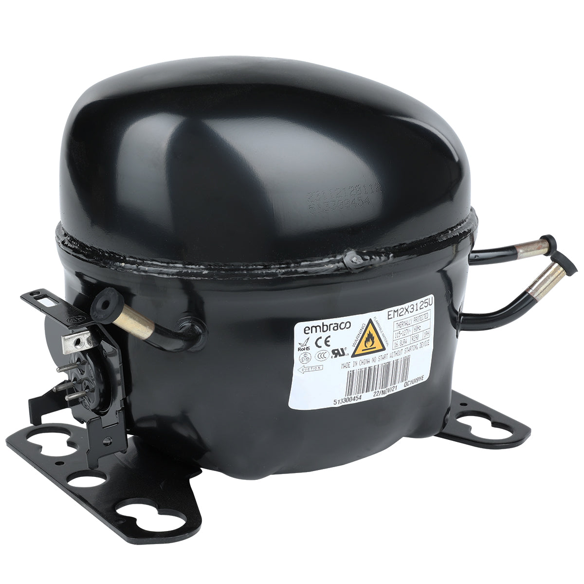 A black, metal Empura replacement compressor with rounded casing, mounting base, electrical connections, and a white manufacturer label displaying technical specifications and safety symbols, placed against a white background.