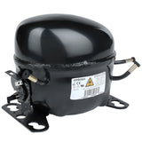 A black, metal Empura replacement compressor with rounded casing, mounting base, electrical connections, and a white manufacturer label displaying technical specifications and safety symbols, placed against a white background.
