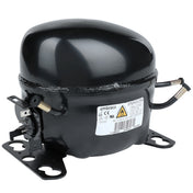 A black, metal Empura replacement compressor with rounded casing, mounting base, electrical connections, and a white manufacturer label displaying technical specifications and safety symbols, placed against a white background.