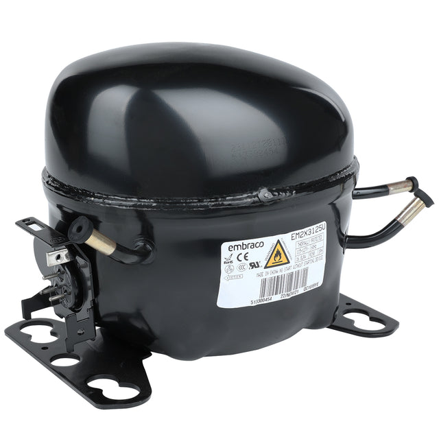 A black, metal Empura replacement compressor with rounded casing, mounting base, electrical connections, and a white manufacturer label displaying technical specifications and safety symbols, placed against a white background.