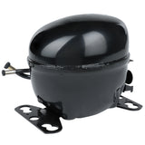 A black, oval-shaped Empura replacement compressor with a smooth, glossy finish, metal mounting brackets, and two protruding metal tubes for connections, set against a white background.