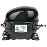 A shiny black Cubigel NUG90LR compressor for Empura Refrigeration, featuring copper pipes, electrical terminals, and mounting brackets. Warning and certification labels are on the front. The unit sits on a white background.