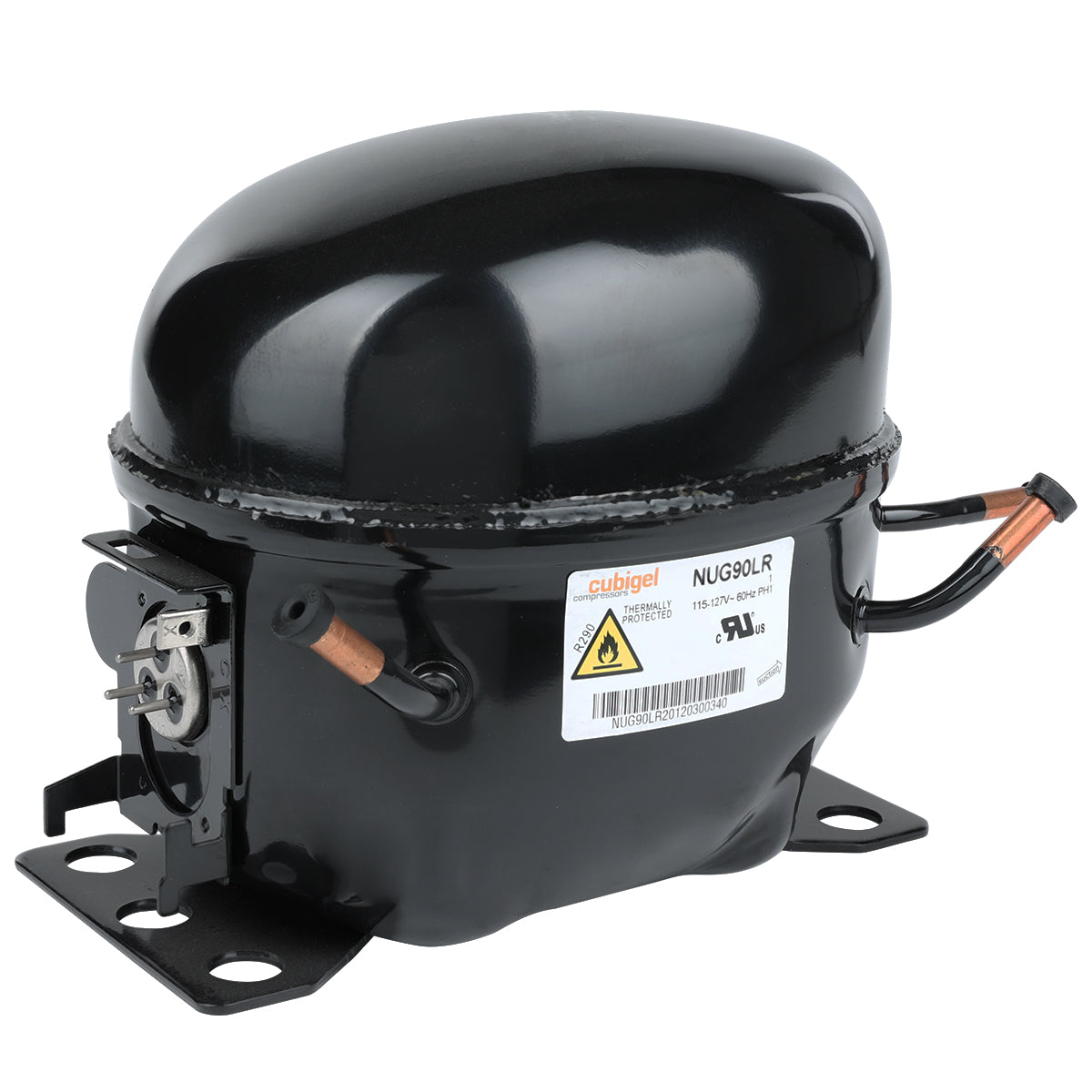 A black, oval-shaped Empura Refrigeration compressor sits on a flat metal base with four mounting holes. It features copper pipes on both sides, a label with warning symbols and E-KB81R details, plus a glossy surface and compact, industrial design.