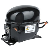 A black, oval-shaped Empura Refrigeration compressor sits on a flat metal base with four mounting holes. It features copper pipes on both sides, a label with warning symbols and E-KB81R details, plus a glossy surface and compact, industrial design.