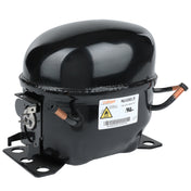A black, oval-shaped Empura Refrigeration compressor sits on a flat metal base with four mounting holes. It features copper pipes on both sides, a label with warning symbols and E-KB81R details, plus a glossy surface and compact, industrial design.
