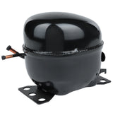 A black, oval-shaped E-KB81R compressor from Empura Refrigeration with a glossy finish, mounted on a metal base with four securing holes. Several copper pipes extend from one side. The smooth surface shows slight reflections and no visible markings.