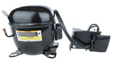 A black Empura Refrigeration compressor, model E-EGM-23FB, features a cylindrical shape mounted on a metal base with bolt holes. It includes a copper tube on the left, a center warning label, and electrical components with wires on the right.