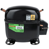 A black cylindrical compressor for Empura Refrigeration, with copper pipes extending from the top and sides, labeled SECOP. It features warning and technical stickers, a rectangular black terminal cover, and mounts on a metal base with holes.