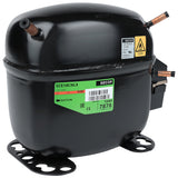 A black, cylindrical Secop SCE18CNLX compressor for Empura Refrigeration features copper pipes, green and white labeling, a warning sticker, and mounting holes on the base, shown against a white background.