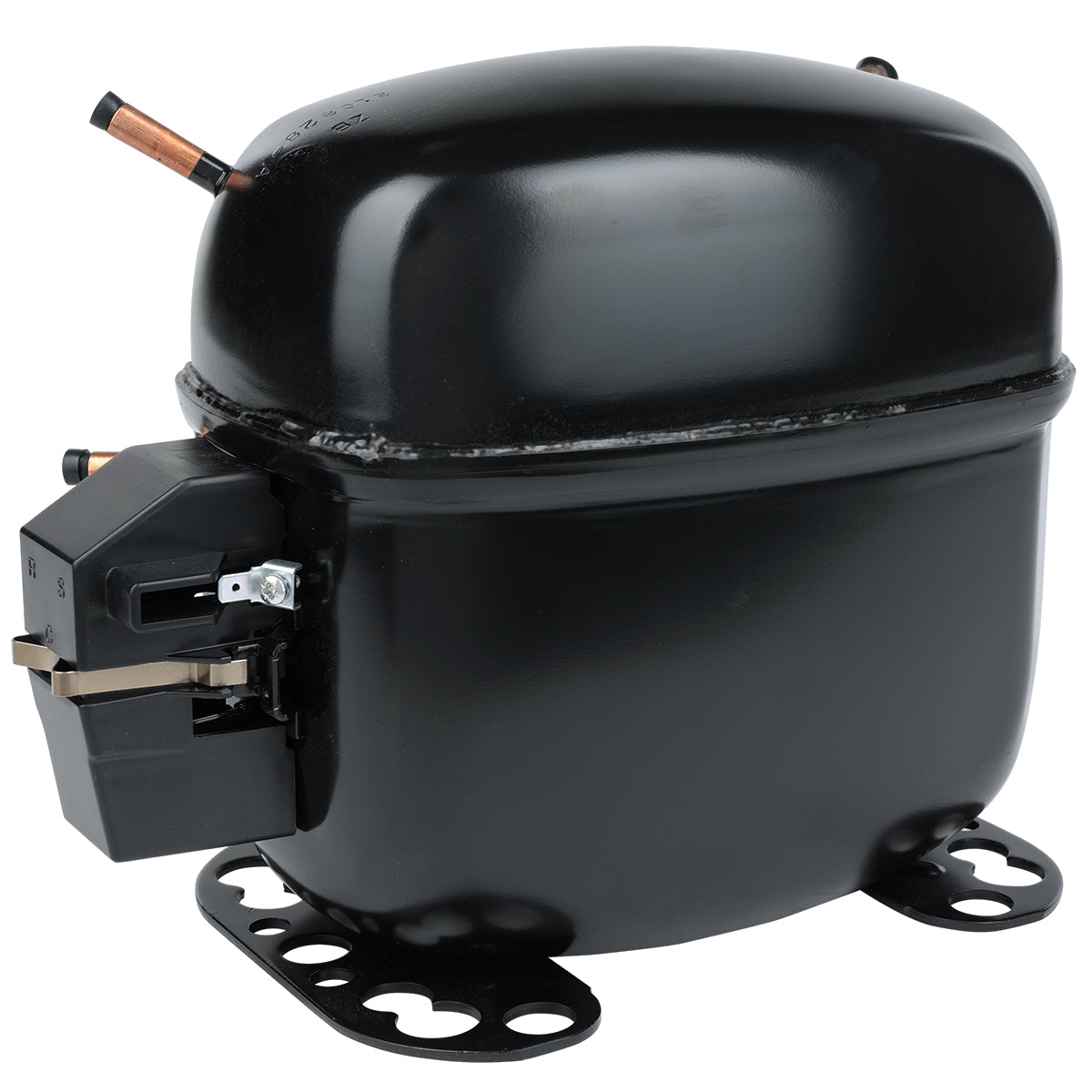 A black, oval-shaped Empura Refrigeration compressor with a smooth metal casing, copper inlet and outlet tubes, a small electrical connector on one side, and a flat mounting base with four holes for securing the unit. The compressor is isolated on a white background.