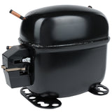 A black, oval-shaped Empura Refrigeration compressor with a smooth metal casing, copper inlet and outlet tubes, a small electrical connector on one side, and a flat mounting base with four holes for securing the unit. The compressor is isolated on a white background.
