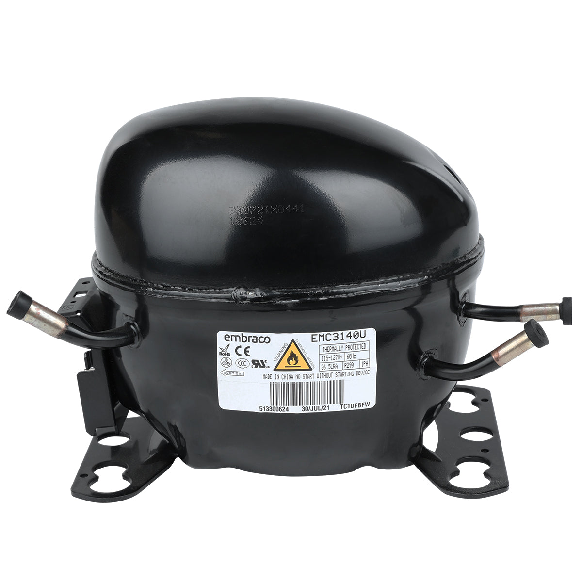 A black E-EGM-16FB compressor with a rounded top, mounted on a metal base with four screw holes. Three copper tubes extend from its sides, and a white Empura Refrigeration label with technical specifications is attached to the front.