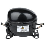A black E-EGM-16FB compressor with a rounded top, mounted on a metal base with four screw holes. Three copper tubes extend from its sides, and a white Empura Refrigeration label with technical specifications is attached to the front.