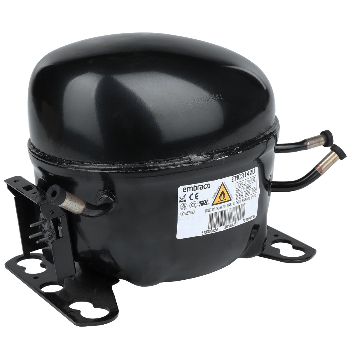A black, oval-shaped Embraco E-EGM-16FB compressor for Empura Refrigeration, featuring a white label, metal mounting brackets, and two copper tubing pipes. The unit sits on a white background with warning and certification symbols displayed.