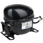 A black, oval-shaped Embraco E-EGM-16FB compressor for Empura Refrigeration, featuring a white label, metal mounting brackets, and two copper tubing pipes. The unit sits on a white background with warning and certification symbols displayed.