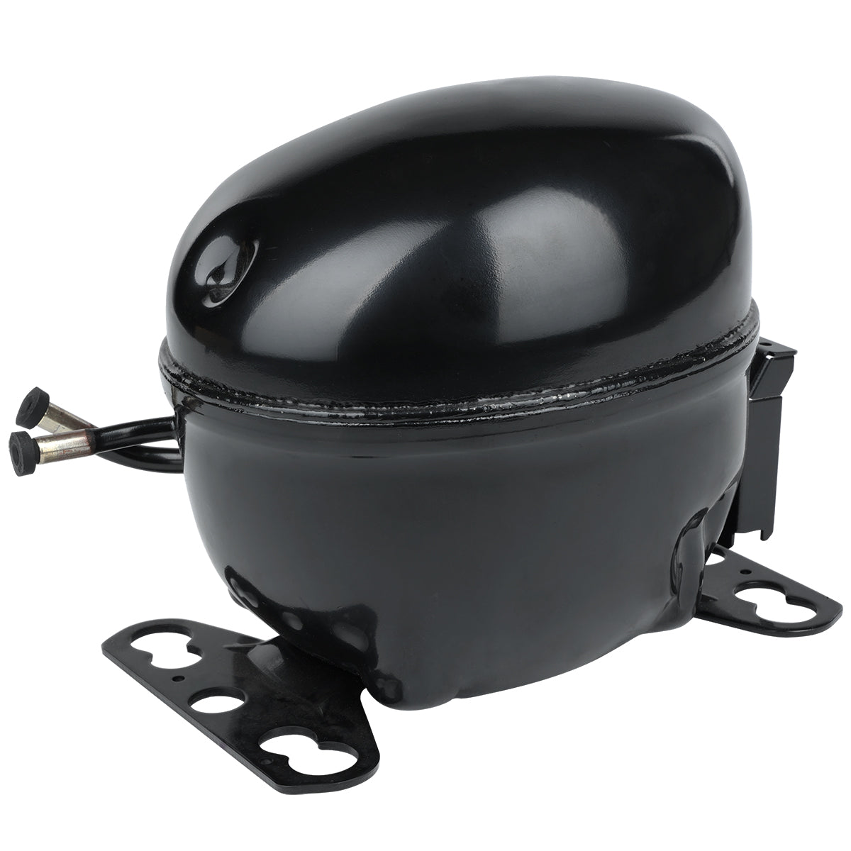 A black metal Empura Refrigeration compressor, model E-EGM-16FB, with rounded edges, attached mounting brackets, electrical connectors, and two protruding copper tubes for refrigerant flow, shown against a white background.