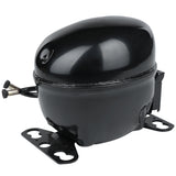 A black metal Empura Refrigeration compressor, model E-EGM-16FB, with rounded edges, attached mounting brackets, electrical connectors, and two protruding copper tubes for refrigerant flow, shown against a white background.