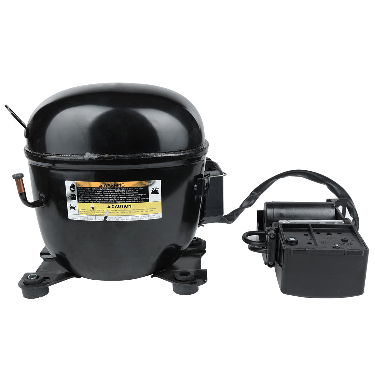 A black, dome-shaped Empura Refrigeration compressor with warning labels is mounted on four feet. To the right, it connects to an attached electrical component with black cables. The metal surface is shiny against a plain white background.