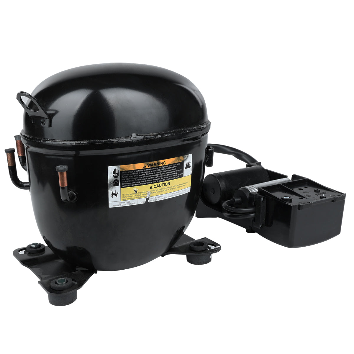 A black, cylindrical Empura Refrigeration compressor with attached wiring and a black relay box, two copper pipes on the left side, warning labels on the body, and three mounting feet visible at the base against a white background.