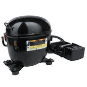 A black, cylindrical Empura Refrigeration compressor with attached wiring and a black relay box, two copper pipes on the left side, warning labels on the body, and three mounting feet visible at the base against a white background.