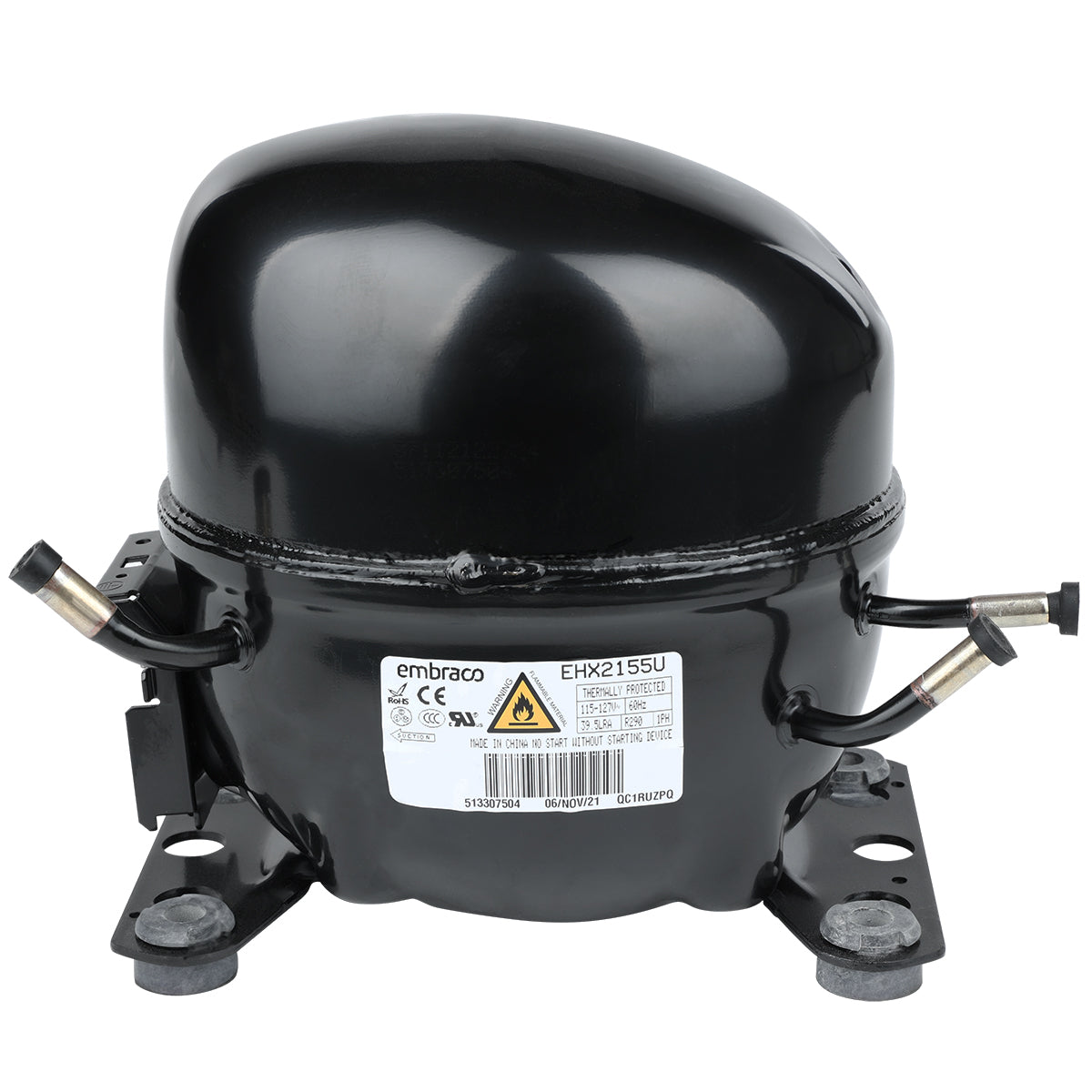 A black, dome-shaped Empura Refrigeration compressor with attached pipes on both sides, metal mounting brackets at the base, and a label displaying technical information and warning symbols on the front. The background is plain white.