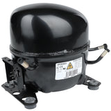 A black, cylindrical Embraco compressor for Empura Refrigeration, with a domed top and four rubber feet. Two metal pipes protrude from the sides, and a white label with technical details from Empura Parts is attached to the front.
