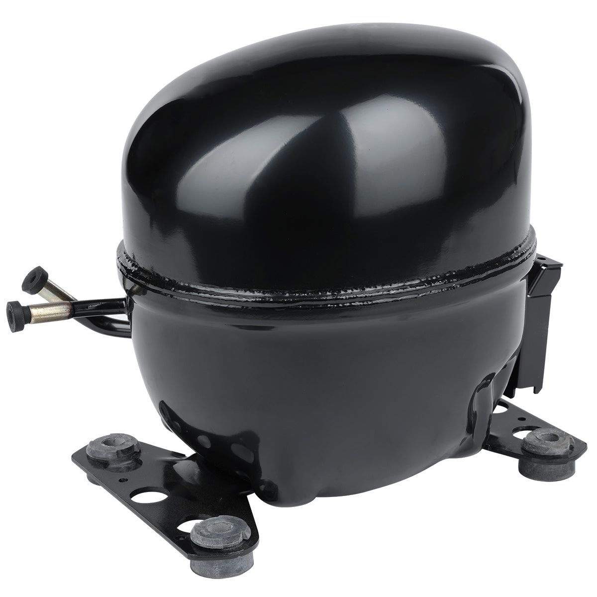 A black, oval-shaped Empura Refrigeration compressor with a shiny, smooth surface. It features metal mounting brackets with rubber feet and two connector tubes extending from the left side, set against a plain white background.