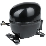 A black, oval-shaped Empura Refrigeration compressor with a shiny, smooth surface. It features metal mounting brackets with rubber feet and two connector tubes extending from the left side, set against a plain white background.