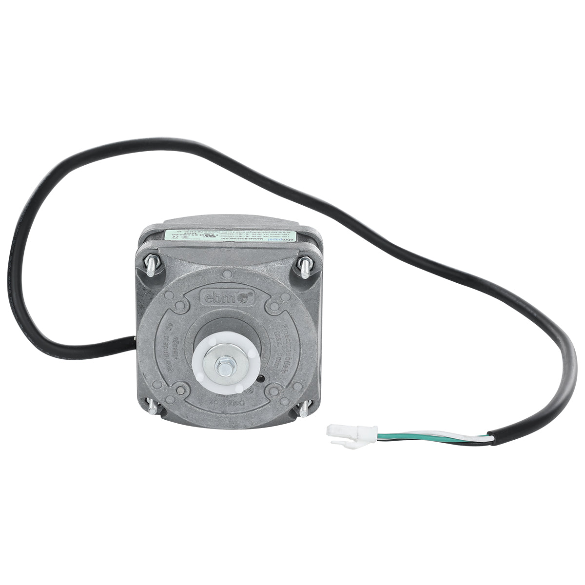 A small, square-shaped condenser fan motor with a gray metal casing, central rotating shaft, and four mounting screws. A black electrical wire extends from the side, ending in a white plastic connector—ideal for Empura Refrigeration units.