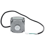 A small, square-shaped condenser fan motor with a gray metal casing, central rotating shaft, and four mounting screws. A black electrical wire extends from the side, ending in a white plastic connector—ideal for Empura Refrigeration units.
