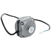 A small, metallic condenser fan motor with a square body, black wiring on both ends, a white plastic connector tip, and a round white component at the center. Ideal as an Empura Refrigeration part, it has a label with specs and a mounting bracket.