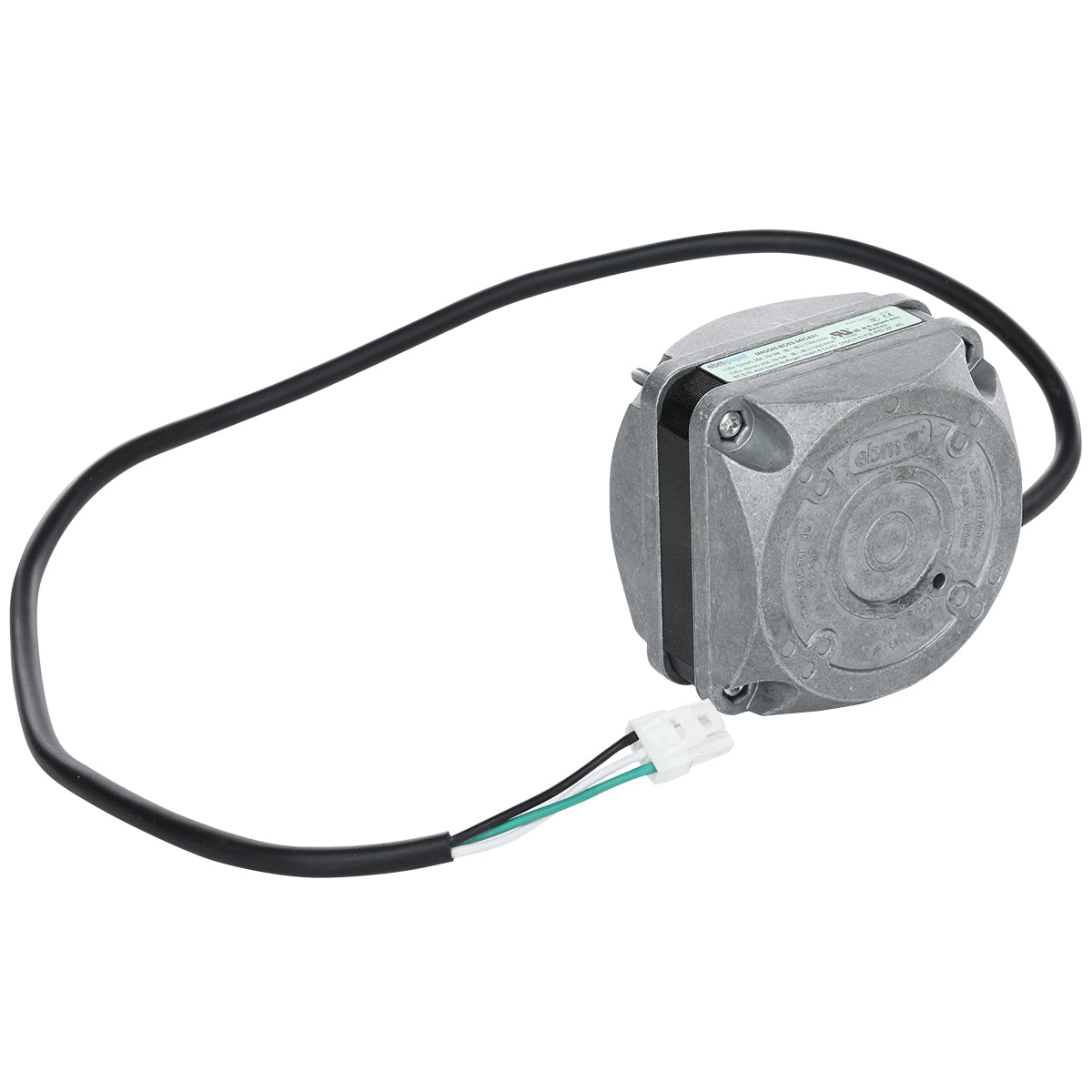 A small, metallic, cylindrical electric motor with mounting flanges—likely an Empura Refrigeration condenser fan motor—featuring embossed markings and a black cable ending in a white connector. The cable is looped around the motor.