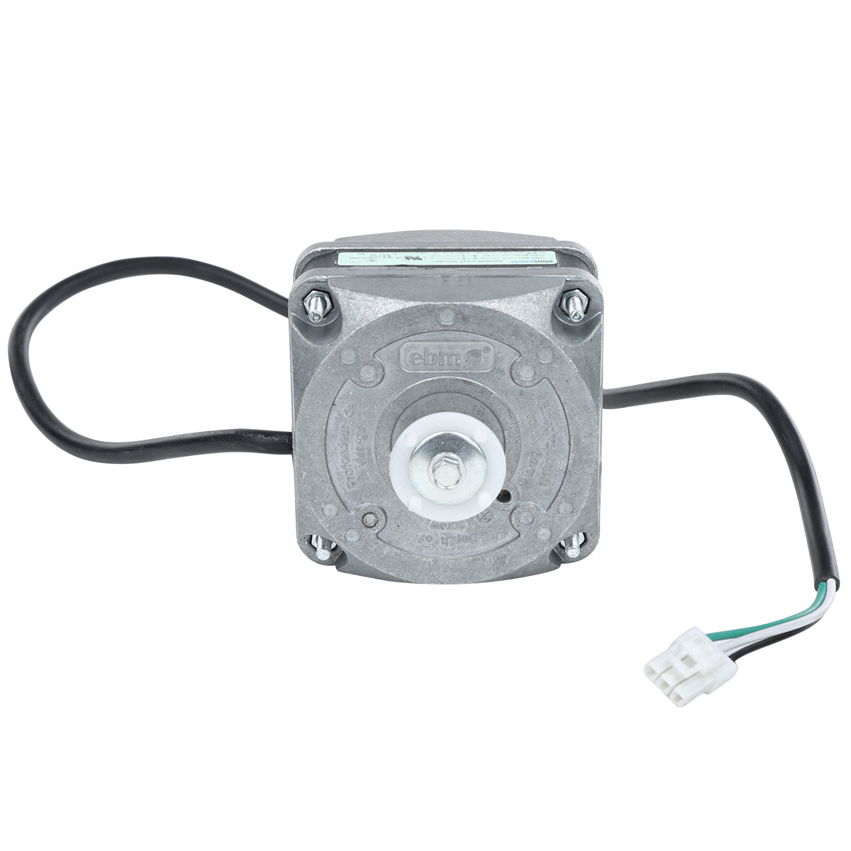 A close-up of a small electric motor with a metal housing, four mounting screws, and an attached black electrical wire ending in a white plastic connector—an Empura Refrigeration condenser fan motor by ebm papst is embossed on the front.