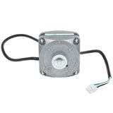 A close-up of a small electric motor with a metal housing, four mounting screws, and an attached black electrical wire ending in a white plastic connector—an Empura Refrigeration condenser fan motor by ebm papst is embossed on the front.
