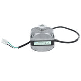 A small, metallic condenser fan motor with a cylindrical body, black wiring attached, and a white plastic connector. Green, white, and black wires are visible. Ideal for Empura Refrigeration and labeled with specifications on the side.
