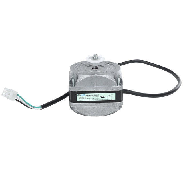 A small, metallic condenser fan motor with a cylindrical body, black wiring attached, and a white plastic connector. Green, white, and black wires are visible. Ideal for Empura Refrigeration and labeled with specifications on the side.