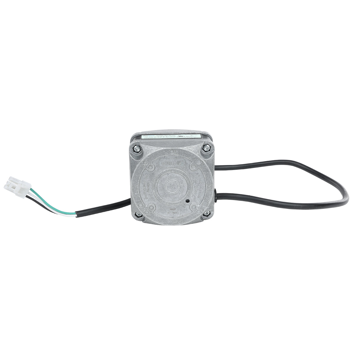 A small, square Empura Parts stepper motor is shown with four screws on its faceplate, a protruding black cable, and a white connector with three wires—black, green, and white. The background is plain white.