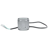 A small, square Empura Parts stepper motor is shown with four screws on its faceplate, a protruding black cable, and a white connector with three wires—black, green, and white. The background is plain white.