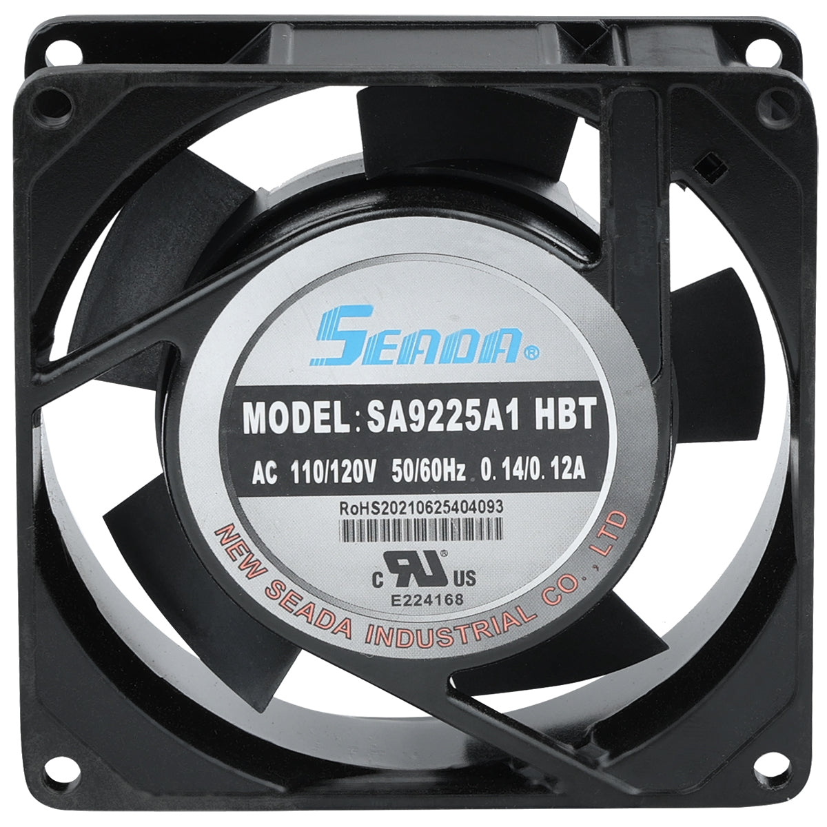A black, square cooling Circle Fan with five blades. The center label reads: Seada, Model: SA9225A1 HBT, AC 110/120V 50/60Hz 0.14/0.12A. Compatible with Empura Refrigeration models like E-KCBR48; certification marks visible on label.