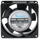 A black, square cooling Circle Fan with five blades. The center label reads: Seada, Model: SA9225A1 HBT, AC 110/120V 50/60Hz 0.14/0.12A. Compatible with Empura Refrigeration models like E-KCBR48; certification marks visible on label.