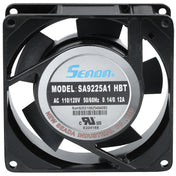 A black, square cooling Circle Fan with five blades. The center label reads: Seada, Model: SA9225A1 HBT, AC 110/120V 50/60Hz 0.14/0.12A. Compatible with Empura Refrigeration models like E-KCBR48; certification marks visible on label.