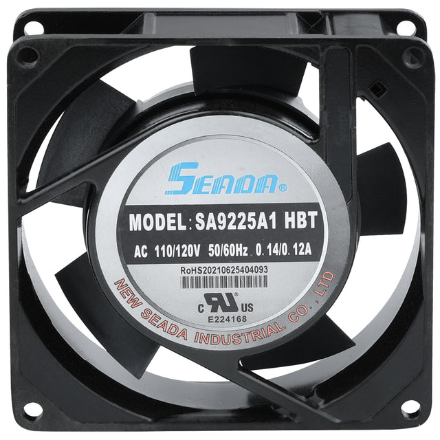 A black, square cooling Circle Fan with five blades. The center label reads: Seada, Model: SA9225A1 HBT, AC 110/120V 50/60Hz 0.14/0.12A. Compatible with Empura Refrigeration models like E-KCBR48; certification marks visible on label.
