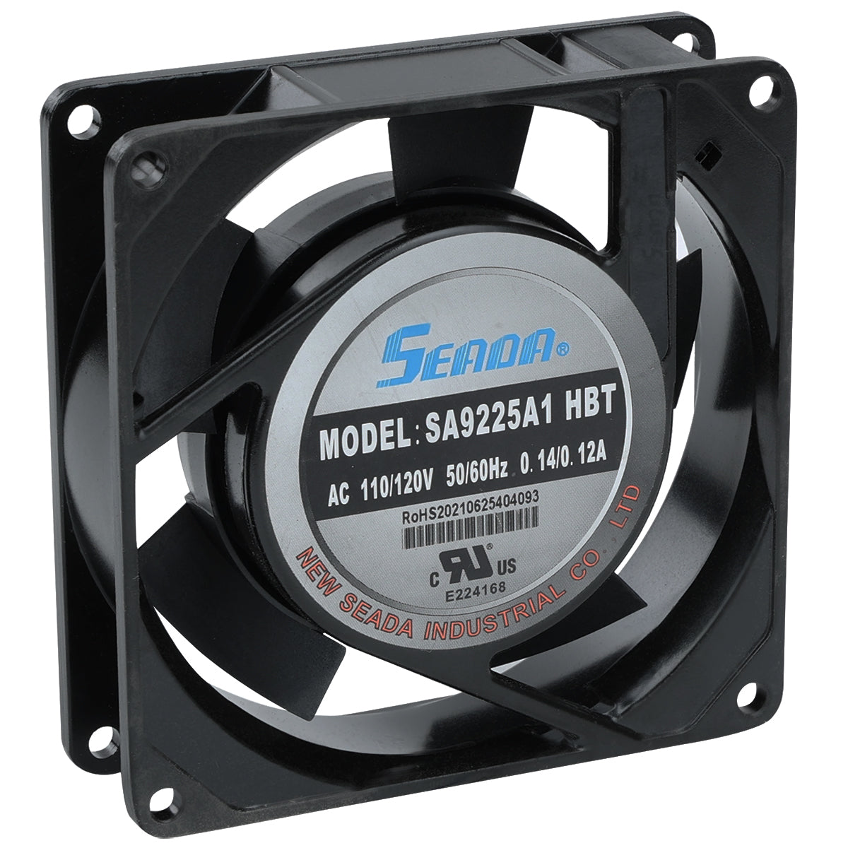 A black, square cooling fan labeled “SEADA Model: SA9225A1 HBT” with specs AC 110/120V, 50/60Hz, 0.14/0.12A. This Circle Fan has five blades and is made by New Seada Industrial Co., Ltd., suitable for Empura Refrigeration systems.
