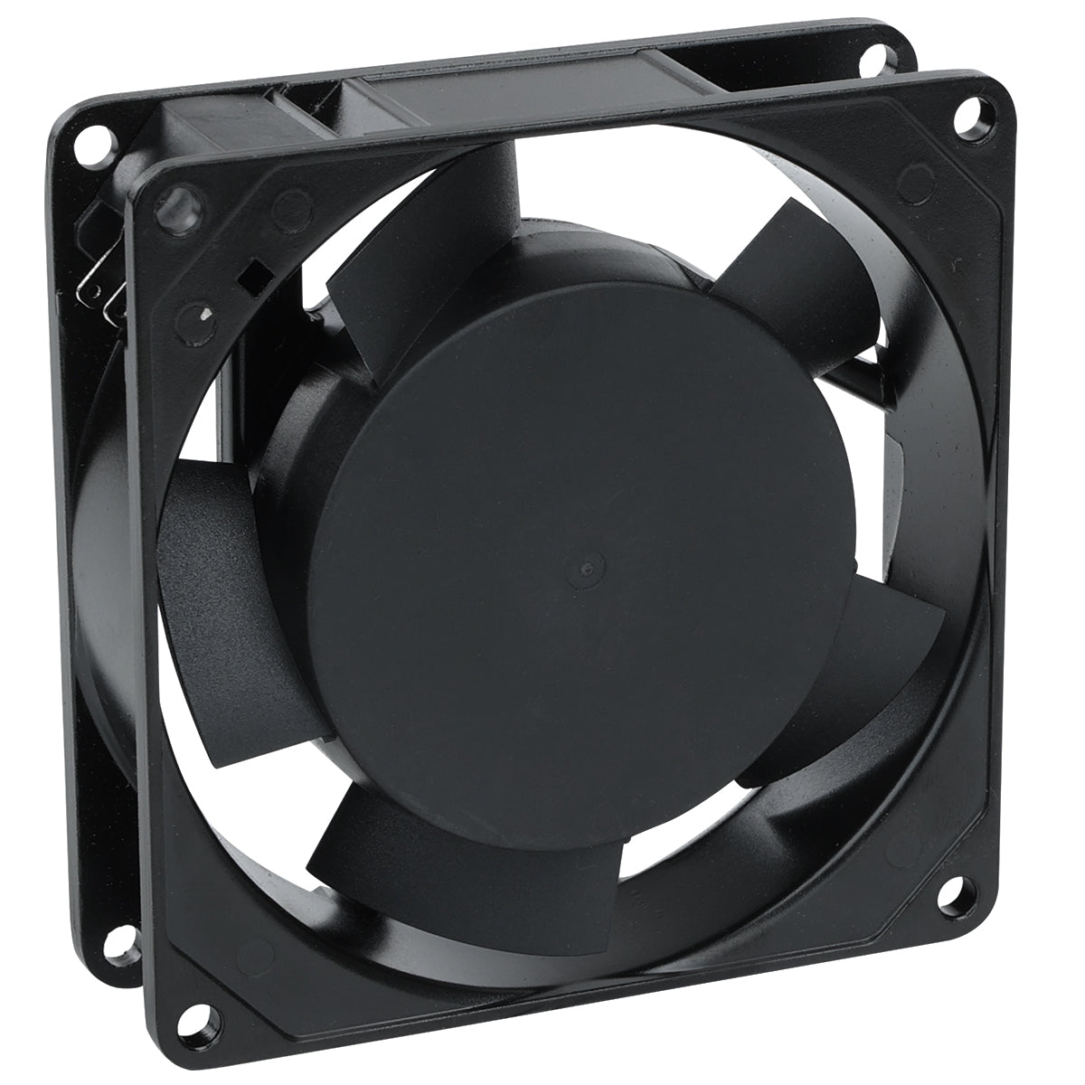 A black square computer cooling fan with five curved blades, mounted in a plastic frame. The simple, utilitarian design resembles a Circle Fan, with four screw holes at the corners and its front and side visible at an angle.
