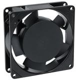 A black square computer cooling fan with five curved blades, mounted in a plastic frame. The simple, utilitarian design resembles a Circle Fan, with four screw holes at the corners and its front and side visible at an angle.
